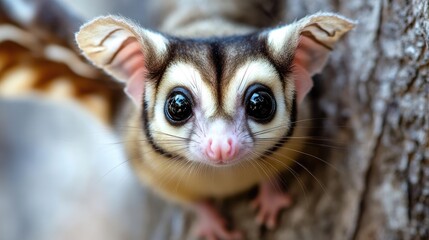 A close-up of a cute, furry animal with large eyes and prominent ears on a tree.