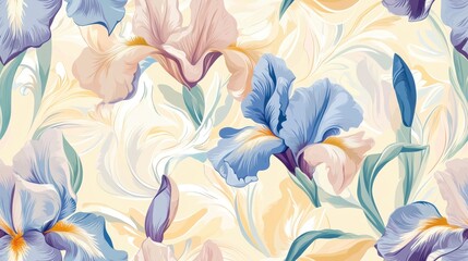 Elegant Iris Seamless Pattern, intricate design featuring soft pastel tones, perfect for textiles and wallpaper, enhancing any decor with floral charm