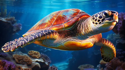 Obraz premium Sea Turtle gracefully swimming through vibrant coral reefs in a clear ocean environment during daylight hours