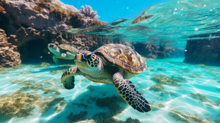 Obraz premium Green sea turtle gliding through clear turquoise waters near coral reefs in a warm tropical location