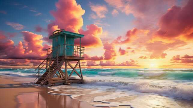 Vibrant sunset over a lifeguard tower on a serene beach with gentle waves and colorful clouds reflecting the evening light