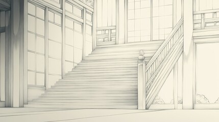 A detailed illustration of a staircase in a traditional architectural setting.