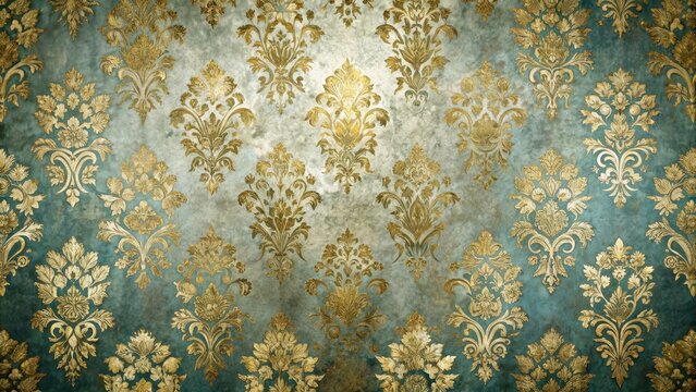 Fototapeta Distressed damask wallpaper with gold leaf accents and ornate floral patterns, elegant, antique,  elegant, antique