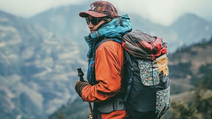 Fototapeta premium Eco-conscious Hiker Clad in Recycled Clothes Embracing Sustainability in Outdoor Exploration