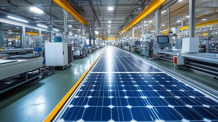 Obraz premium A modern factory showcasing a solar panel production line, with bright lighting and advanced machinery.