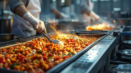 A bustling kitchen scene with chefs preparing colorful stir-fried vegetables, showcasing skillful cooking and vibrant ingredients.