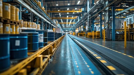 A spacious industrial warehouse with blue barrels and wooden pallets, featuring wide aisles and organized shelving under bright overhead lights.