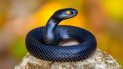 Obraz premium Close-up of a Black Snake Coiled on a Rock