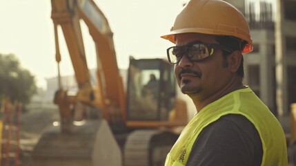 A construction worker operating heavy machinery, with a construction site in the background, focused on the camera