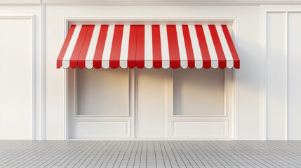 small boutique shop with red and white striped canopy over entrance, creating welcoming atmosphere
