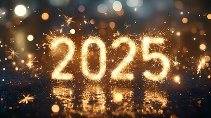  Happy New Year 2025 - Golden Sparkler Numbers And Fireworks In Glowing Sparkling Background - Holiday Billboard With Creative Text 