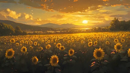 Obraz premium Golden Sunset Over a Vast Sunflower Field