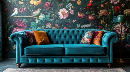 Teal Velvet Sofa Against Floral Wallpaper With Birds
