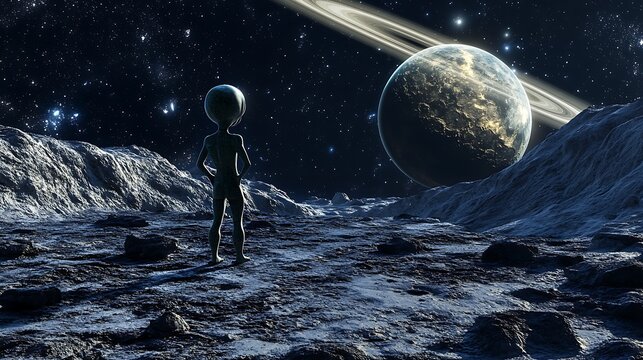 An alien observing a distant galaxy from the surface of a moon with rings of a planet visible in the sky