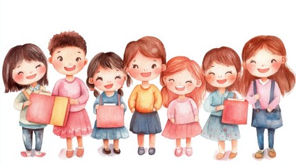 A cheerful group of children joyfully holding gift boxes, showcasing friendship and happiness in a colorful illustration.