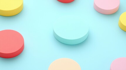 Fototapeta premium Colorful circular shapes on a soft blue background, creating a vibrant and playful composition perfect for design inspiration.