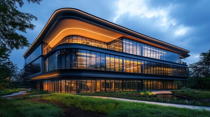Fototapeta premium A modern, architecturally striking building with large glass windows illuminated at dusk, surrounded by lush greenery.