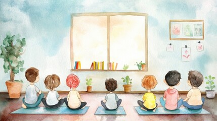A group of children sitting attentively in a bright classroom, engaged in learning and appreciating nature through the window.