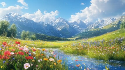 A serene landscape featuring vibrant wildflowers, a flowing river, and majestic mountains under a clear blue sky.