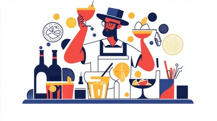 Bartender preparing cocktails at a trendy bar with colorful drinks and lively atmosphere