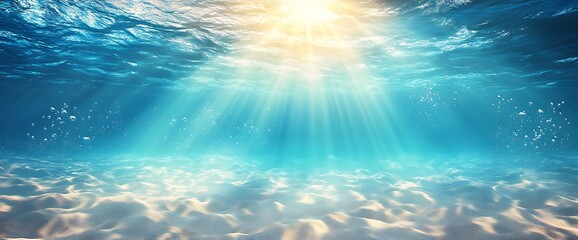 Fototapeta premium Undersea In Light Blue Sea With Sand - Water With Abstract Sunshine 