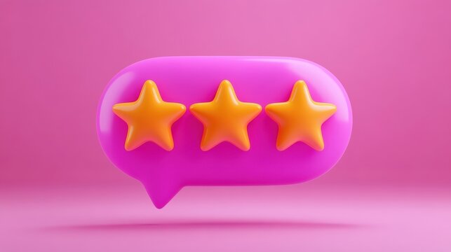 A colorful chat bubble with three orange stars, symbolizing feedback and reviews on a vibrant pink background. - Powered by Adobe