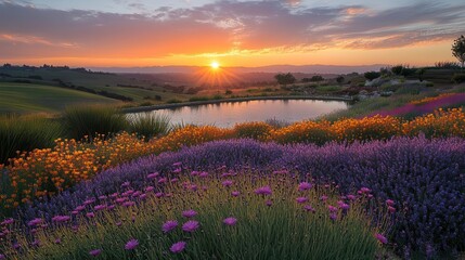 Fototapeta premium A vibrant sunset over a serene landscape filled with colorful flowers, reflecting on a peaceful pond.
