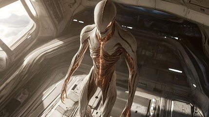 A humanoid alien with elongated limbs and glowing veins standing on a futuristic space station
