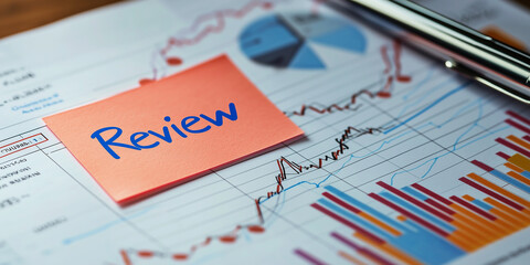 Colorful Financial Charts with Sticky Note Labeling Review on a Desk Surrounded by a Pen and Office Supplies for Business Analysis