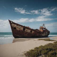 "An abandoned shipwreck on a deserted beach."