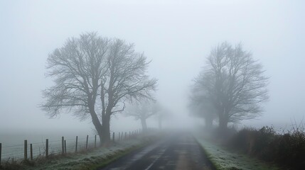Country road on a foggy day. The road is bordered by a fence and trees on both sides.