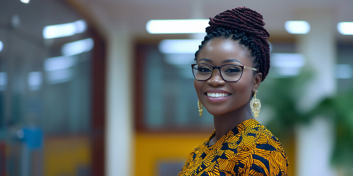 businesswoman, africanwoman , smile, modern office background. Africa. Kenya, Senegal, Egypt, Morocco, Nigeria, Algeria, Burkina Faso, Republic of the Congo, South Africa, Tunisia, Cameroon