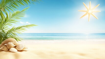 Obraz premium Idyllic Beach Scene with Seashells and Palm Fronds