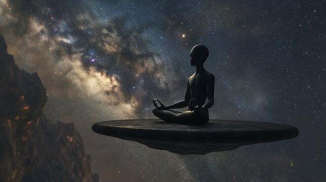 A serene alien meditating on a floating platform in space with the Milky Way stretched across the sky