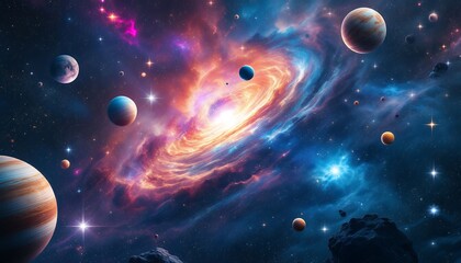 Vibrant Galaxy Space Scene with Planets and Nebula