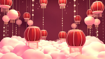 3D render Chinese New Year lanterns on clouds.