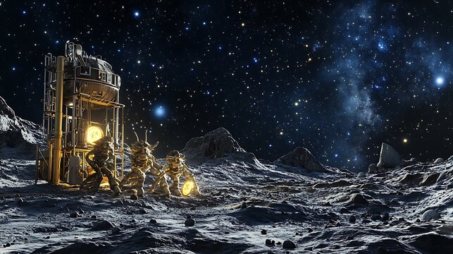 A four-armed alien constructing a complex device on a moon surface with stars twinkling above