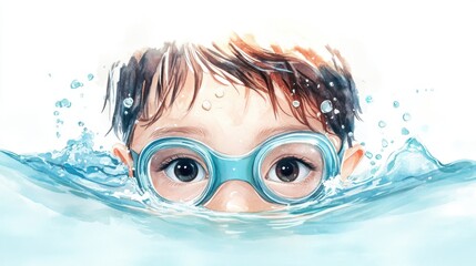 A young boy peeks out from the water, wearing blue swimming goggles, capturing the essence of fun and adventure in swimming.