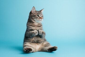 Obraz premium Studio Shot of Gray and White Striped Cat Sitting on Blue Background