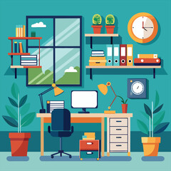 Office Workplace interior With Computer Table Vector