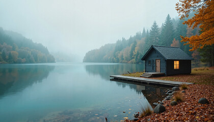 Fototapeta premium Misty lake with wooden cabin surrounded by autumn foliage