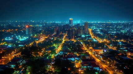 Obraz premium Night city aerial view, glowing streets, distant skyline, urban sprawl, tourism