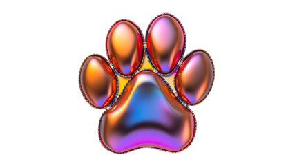 3D chrome element in Y2K style, isolated background, liquid holographic metal. Colorful paw print with a metallic shine, different colors, vibrant.