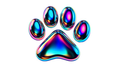 3D chrome element in Y2K style, isolated background, liquid holographic metal. Colorful paw print with a metallic shine, different colors, vibrant.