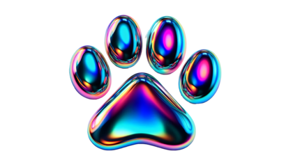 3D chrome element in Y2K style, isolated background, liquid holographic metal. Colorful paw print with a metallic shine, different colors, vibrant.