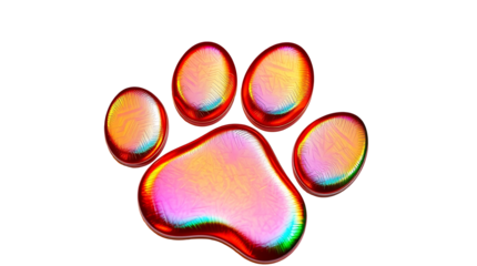3D chrome element in Y2K style, isolated background, liquid holographic metal. Colorful paw print with a metallic shine, different colors, vibrant.