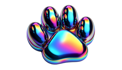 3D chrome element in Y2K style, isolated background, liquid holographic metal. Colorful paw print with a metallic shine, different colors, vibrant.