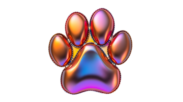 3D chrome element in Y2K style, isolated background, liquid holographic metal. Colorful paw print with a metallic shine, different colors, vibrant.