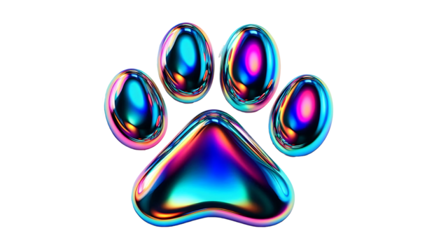 3D chrome element in Y2K style, isolated background, liquid holographic metal. Colorful paw print with a metallic shine, different colors, vibrant. - Powered by Adobe