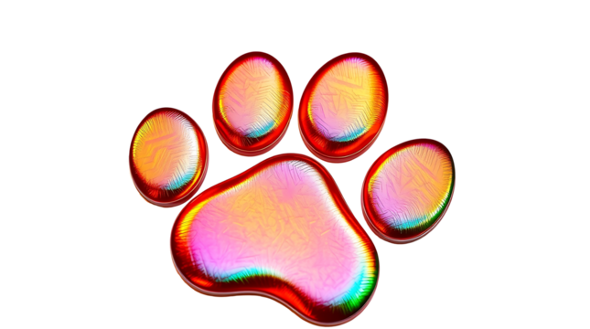 3D chrome element in Y2K style, isolated background, liquid holographic metal. Colorful paw print with a metallic shine, different colors, vibrant.